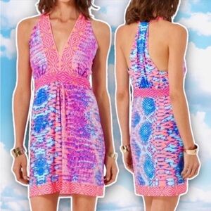 HALE BOB Adelaide Snake Jersey Halter Mini Dress Neon Beach Reptile Python
